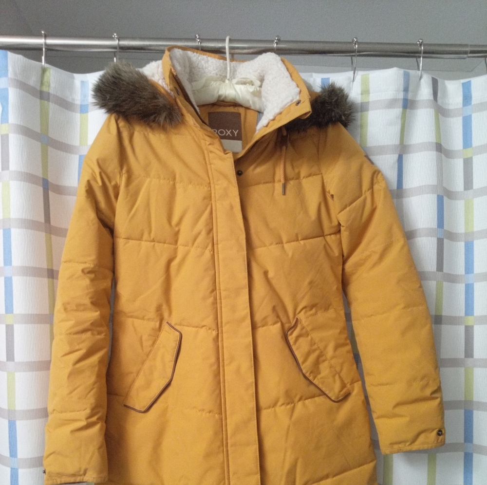 Roxy Yellow Puffer Coat with Faux Fur Hood